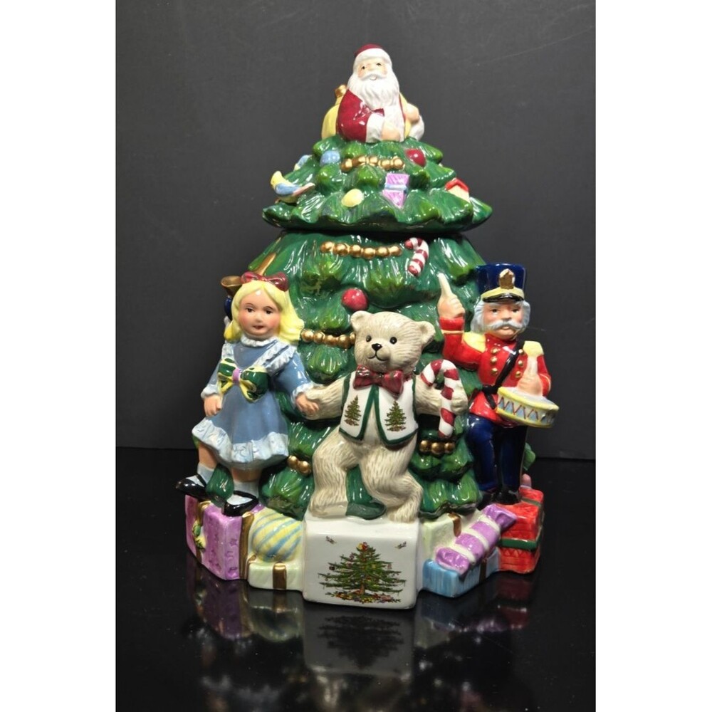 SPODE Hand Painted Christmas Tree COOKIE JAR w/ Santa Topper Lid 12"x 9"